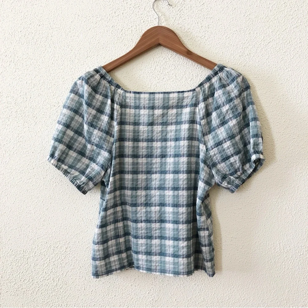 Madewell Plaid Puff-Sleeve Ruched Bodice Top S